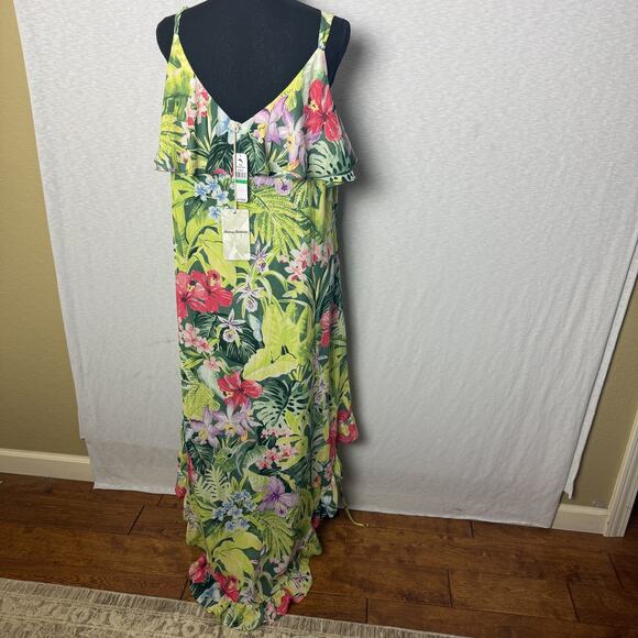 NWT Tommy Bahama Tropolicious Floral Ruffle Maxi Dress L G Green Frog Tropical - Picture 1 of 7